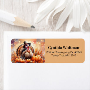 Cute Turkey Pilgrim Hat Pumpkins Corn Thanksgiving Label