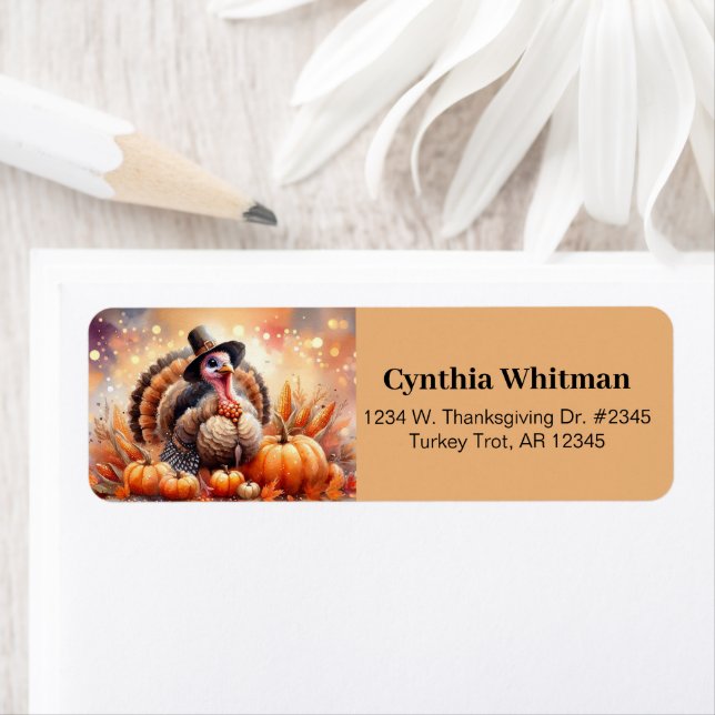 Cute Turkey Pilgrim Hat Pumpkins Corn Thanksgiving Label (Insitu)