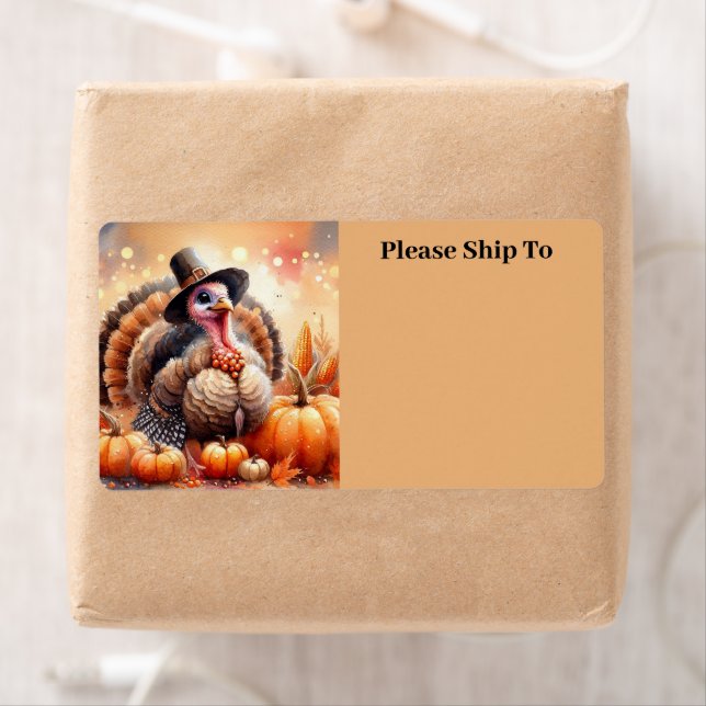 Cute Turkey Pilgrim Hat Pumpkins Corn Thanksgiving Label (Insitu)