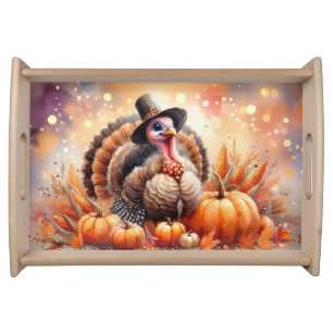 Cute Turkey Pilgrim Hat Pumpkins Corn Thanksgiving Serving Tray