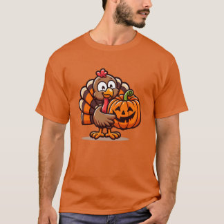 Cute Turkey Posing with Pumpkin Autumn Harvest Ani T-Shirt