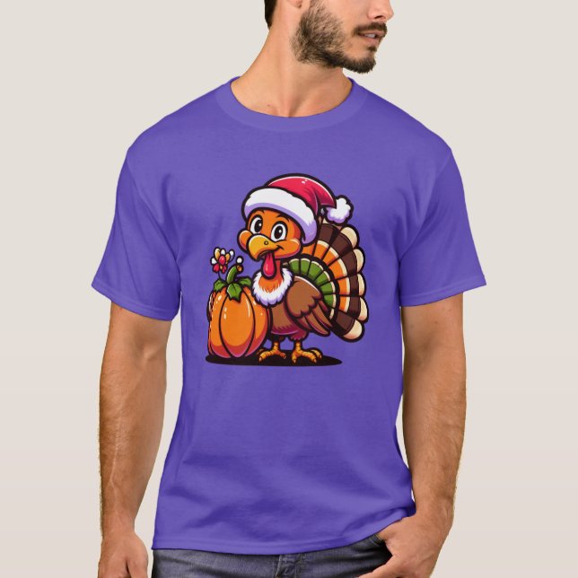 Cute Turkey Posing with Pumpkin Autumn Harvest Ani T-Shirt (Front)