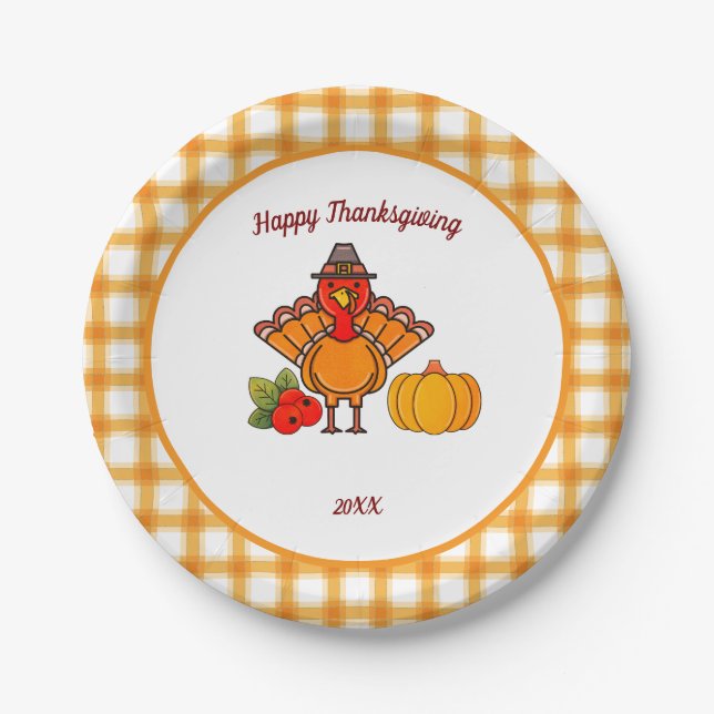 Cute Turkey Pumpkin Happy Thanksgiving Party  Paper Plates (Front)