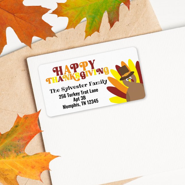 Cute Turkey Retro Happy Thankgiving Address Label (Happy Thanksgiving Retro Font Cute Turkey Return Address labels)