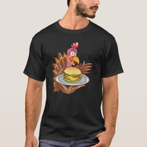 Cute Turkey Serving Cheeseburger Cool Thanksgiving T_Shirt