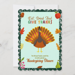 Cute Turkey Thanksgiving Dinner Green Invitation