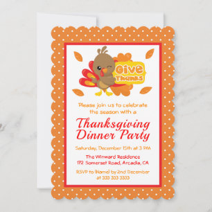 Cute Turkey Thanksgiving Dinner Party Invitation