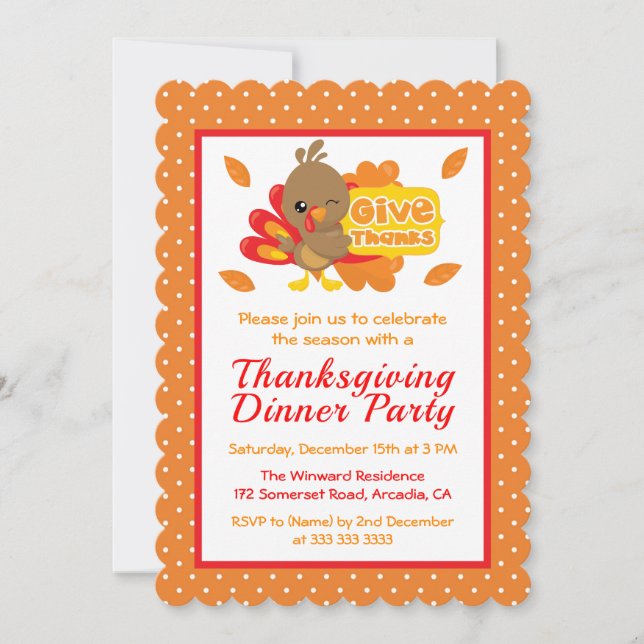 Cute Turkey Thanksgiving Dinner Party Invitation (Front)