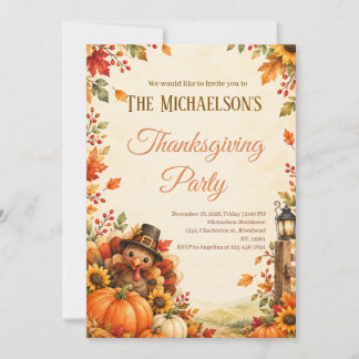 Cute Turkey Thanksgiving Party Invitation