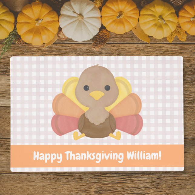 Cute Turkey Thanksgiving Placemat (Thanksgiving Placemat with a gingham background and a cute turkey. Custom text on orange banner)