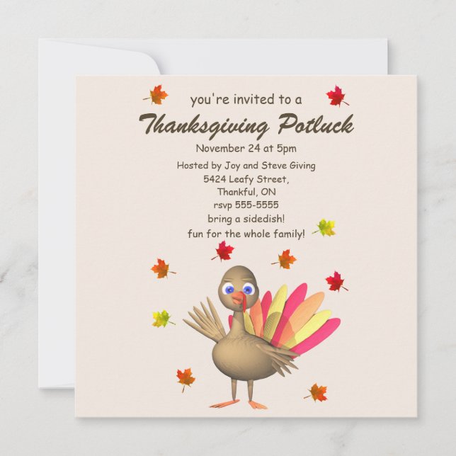 Cute Turkey Thanksgiving Potluck Invitation (Front)