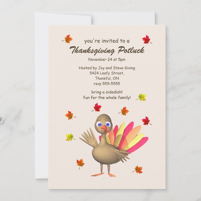 Cute Turkey Thanksgiving Potluck Invitation (Front)