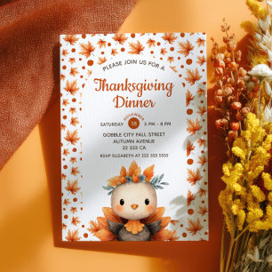 Cute Turkey with Fall Foliage Thanksgiving Dinner  Invitation
