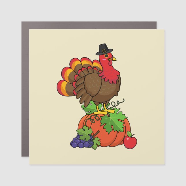 Cute Turkey with Harvest Thanksgiving Car Magnet (Front)