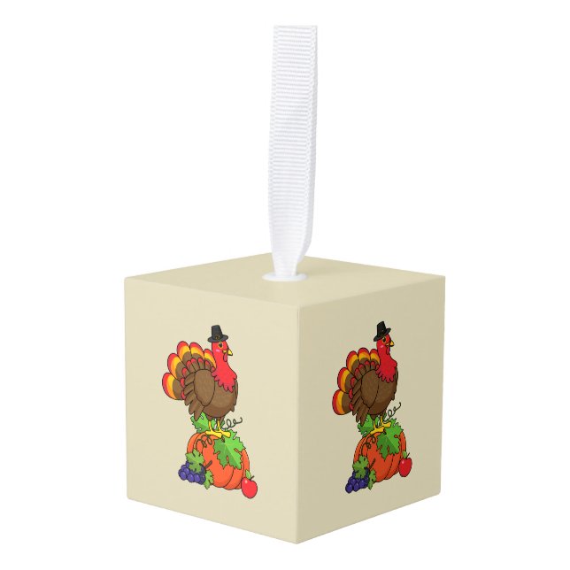 Cute Turkey with Harvest Thanksgiving Cube Ornament (Front Angled)