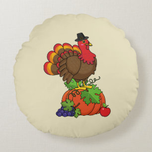 Cute Turkey with Harvest Thanksgiving Round Pillow