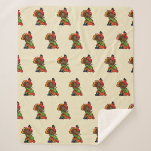 Cute Turkey with Harvest Thanksgiving Sherpa Blanket