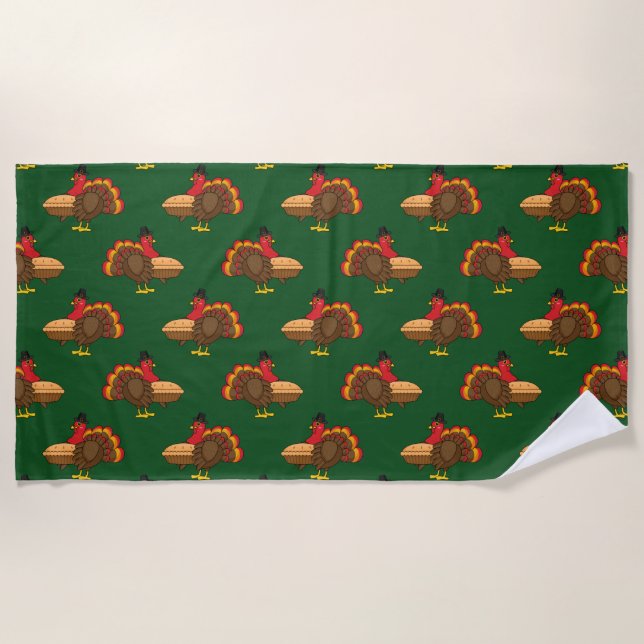 Cute Turkey with Pumpkin Pie Thanksgiving Beach Towel (Front)