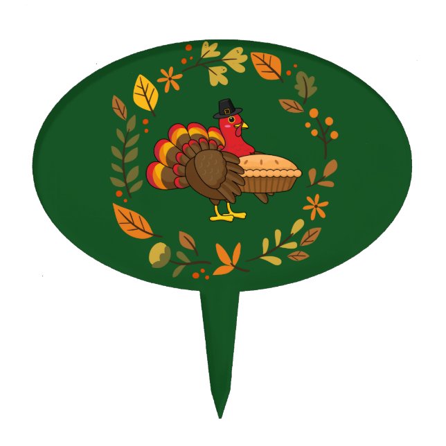Cute Turkey with Pumpkin Pie Thanksgiving Cake Topper (Front)
