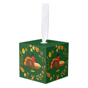 Cute Turkey with Pumpkin Pie Thanksgiving Cube Ornament