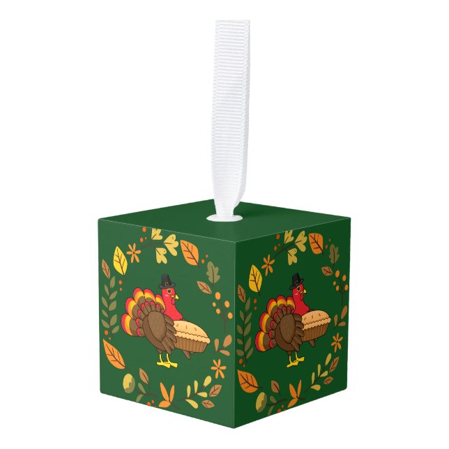 Cute Turkey with Pumpkin Pie Thanksgiving Cube Ornament (Front Angled)