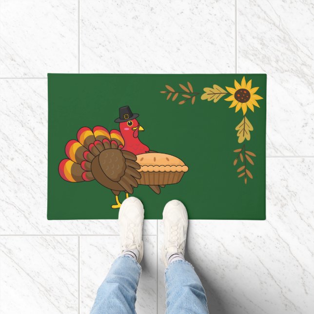 Cute Turkey with Pumpkin Pie Thanksgiving Doormat (Indoor)