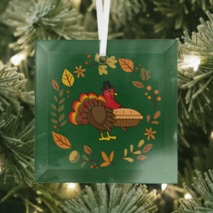 Cute Turkey with Pumpkin Pie Thanksgiving Glass Ornament