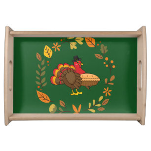 Cute Turkey with Pumpkin Pie Thanksgiving Serving Tray
