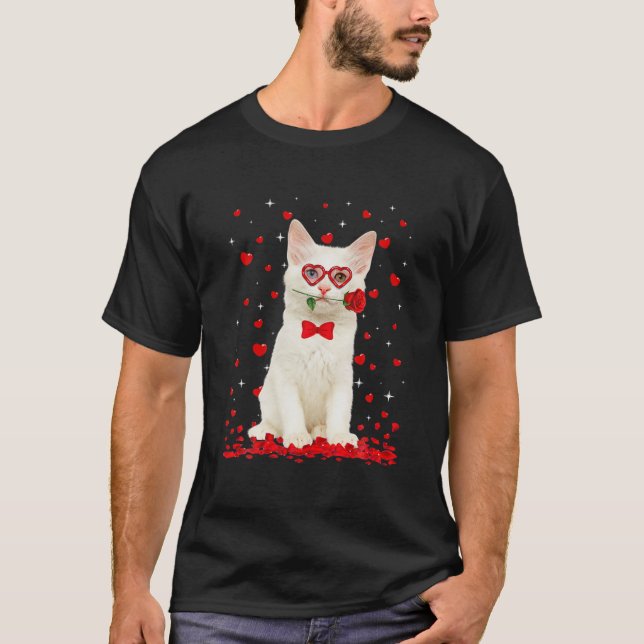 Cute Turkish Angora Cat Glasses Heart Flower Valen T-Shirt (Front)