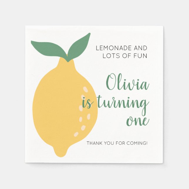 Cute Turning One Yellow Lemon 1st Birthday Napkins (Front)