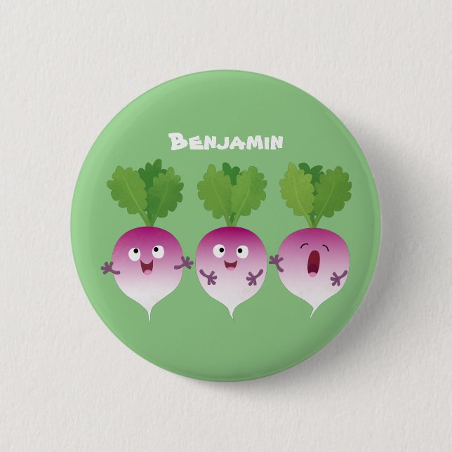 Cute turnip vegetable trio singing cartoon button (Front)