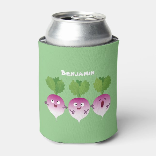 Cute turnip vegetable trio singing cartoon can cooler (Can Front)