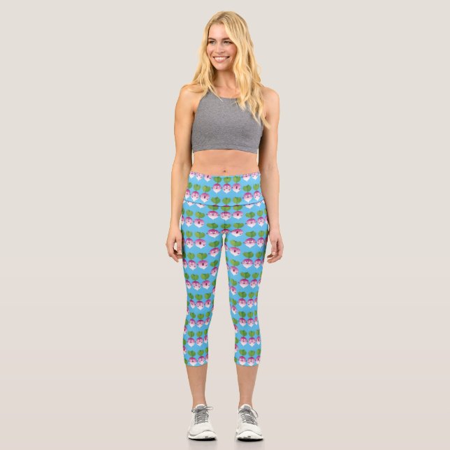 Cute turnip vegetable trio singing cartoon capri leggings (Front)