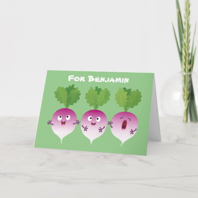 Cute turnip vegetable trio singing cartoon card (Front)