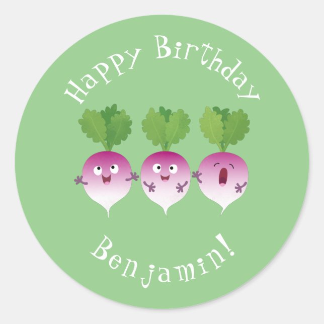 Cute turnip vegetable trio singing cartoon classic round sticker (Front)