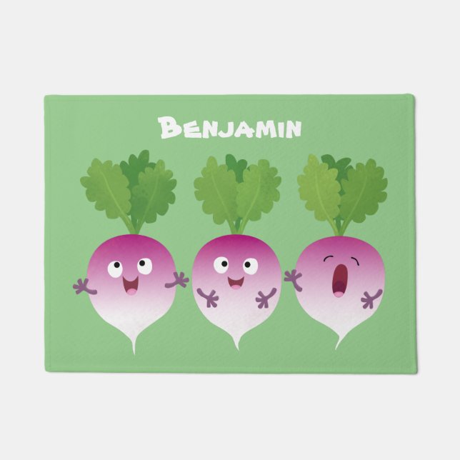 Cute turnip vegetable trio singing cartoon doormat (Front)