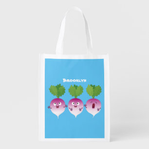 Cute turnip vegetable trio singing cartoon grocery bag