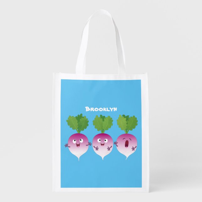 Cute turnip vegetable trio singing cartoon grocery bag (Front)
