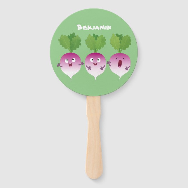 Cute turnip vegetable trio singing cartoon hand fan (Front)