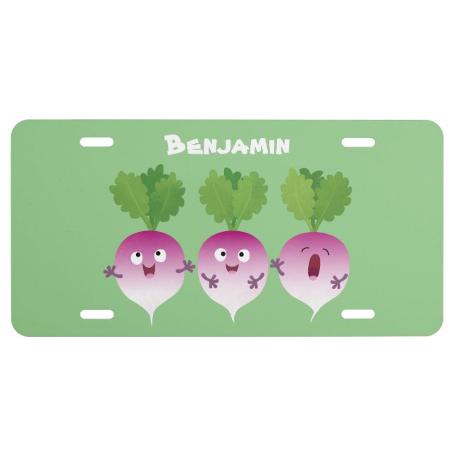 Cute turnip vegetable trio singing cartoon license plate (Front)