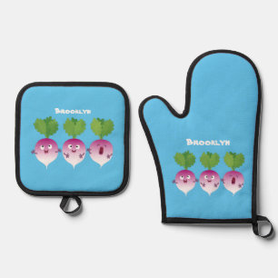 Cute turnip vegetable trio singing cartoon oven mitt & pot holder set