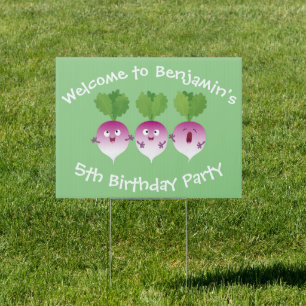 Cute turnip vegetable trio singing cartoon sign