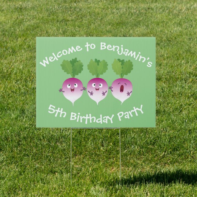 Cute turnip vegetable trio singing cartoon sign (Insitu)