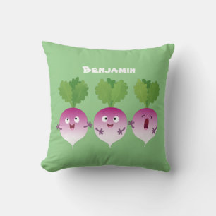 Cute turnip vegetable trio singing cartoon throw pillow