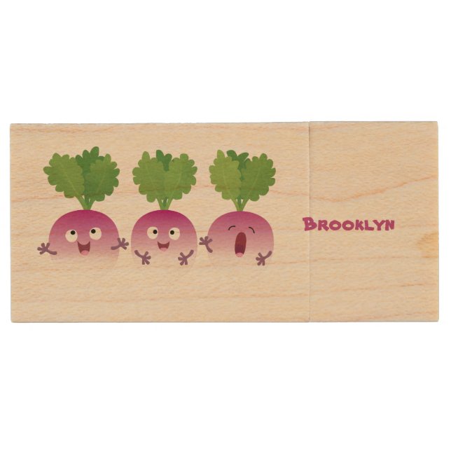 Cute turnip vegetable trio singing cartoon  wood flash drive (Front)