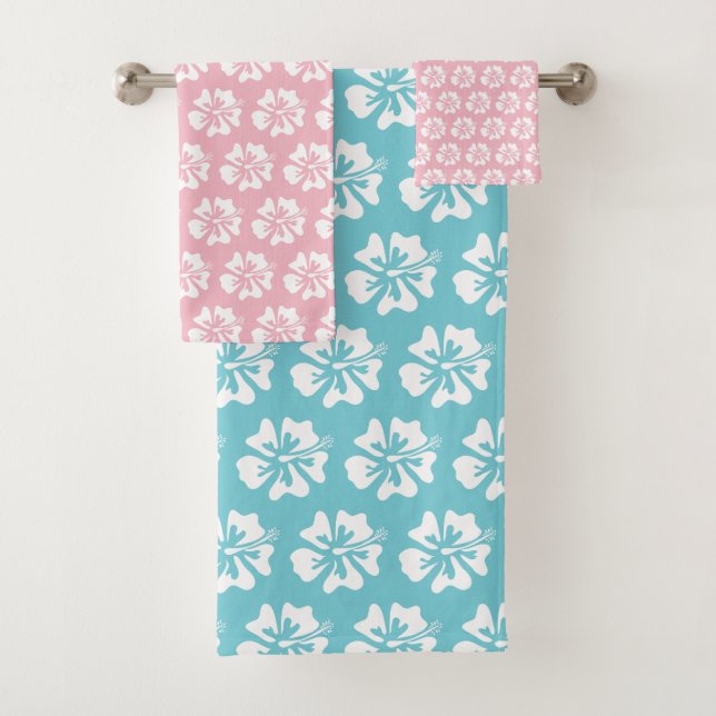 Cute turquoise and pink Hawaiian flower floral Bath Towel Set (Insitu)