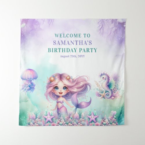 Cute turquoise and purple mermaid 1st birthday tapestry