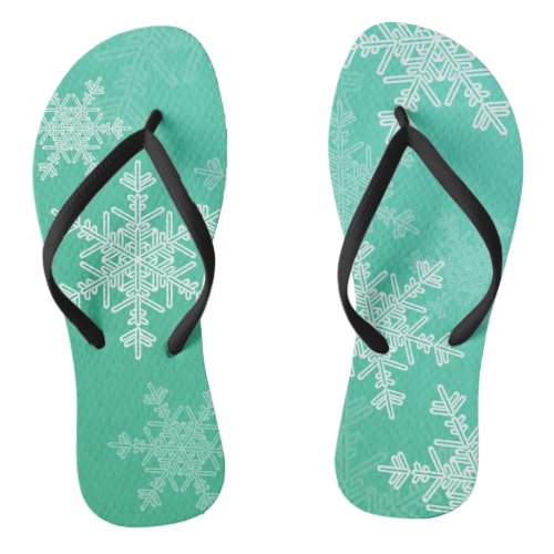 Cute turquoise and white Christmas snowflakes Flip Flops