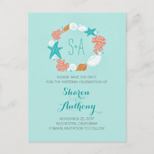 Cute turquoise beach wedding save the date announcement postcard