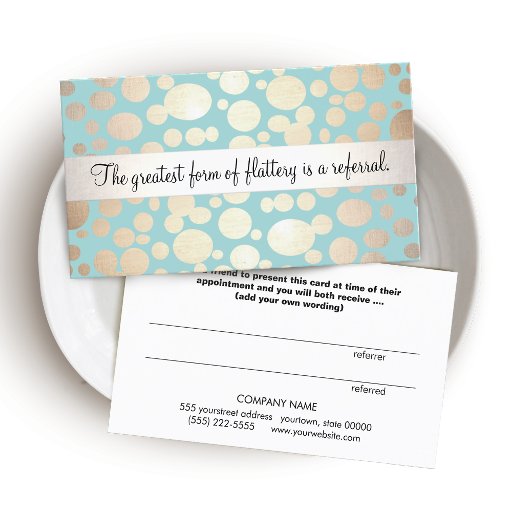 Customizable Cute Turquoise Blue and Gold Beauty Referral Card Double-Sided Standard Business Cards (Pack Of 100)